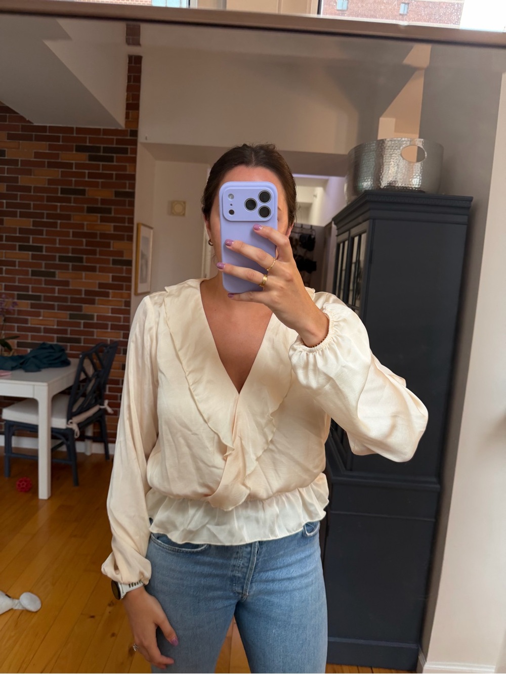 Show Me Your MuMu Cream Ruffle V-Neck Blouse
